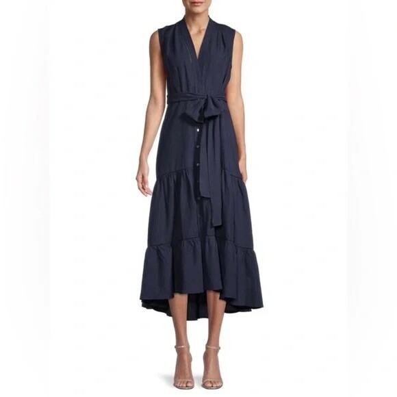 KOBI HALPERIN Sz L MSRP $398 Anna Tiered Linen Blend Midi Dress Navy Tie Back - Picture 2 of 15